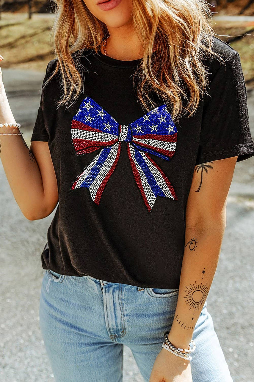 Black Rhinestone Stars and Stripes Bow Graphic Independence Day T Shirt Black Rhinestone Stars and Stripes Bow Graphic Independence Day T Shirt