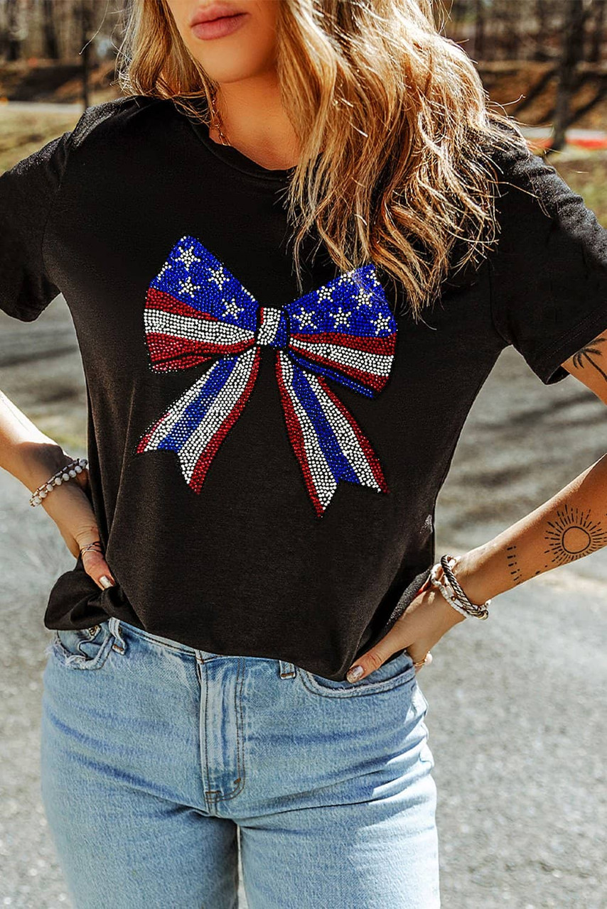Black Rhinestone Stars and Stripes Bow Graphic Independence Day T Shirt Black Rhinestone Stars and Stripes Bow Graphic Independence Day T Shirt