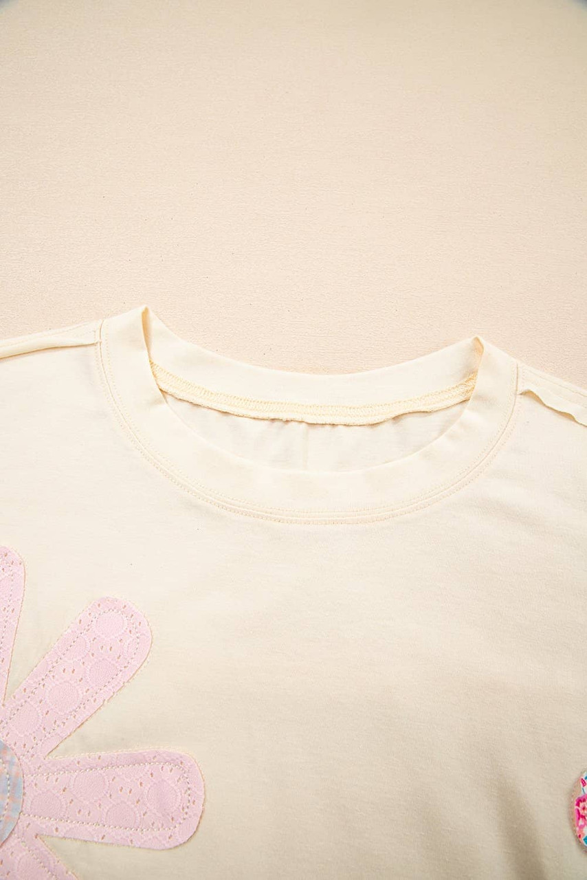 Apricot Flower Patched Exposed Stitching Trim Crew Neck Loose Tee