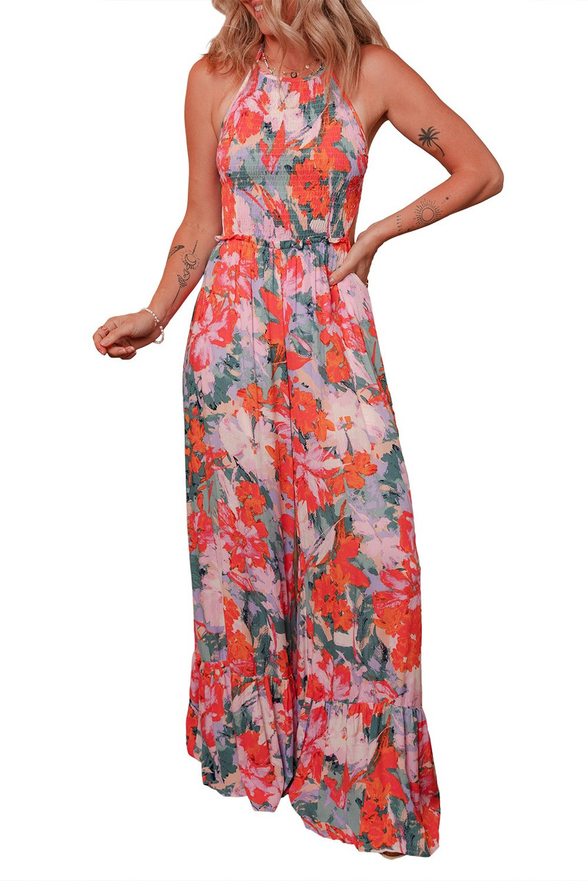 Multicolour Floral Print Smocked Halter Neck Sleeveless Wide Leg Jumpsuit