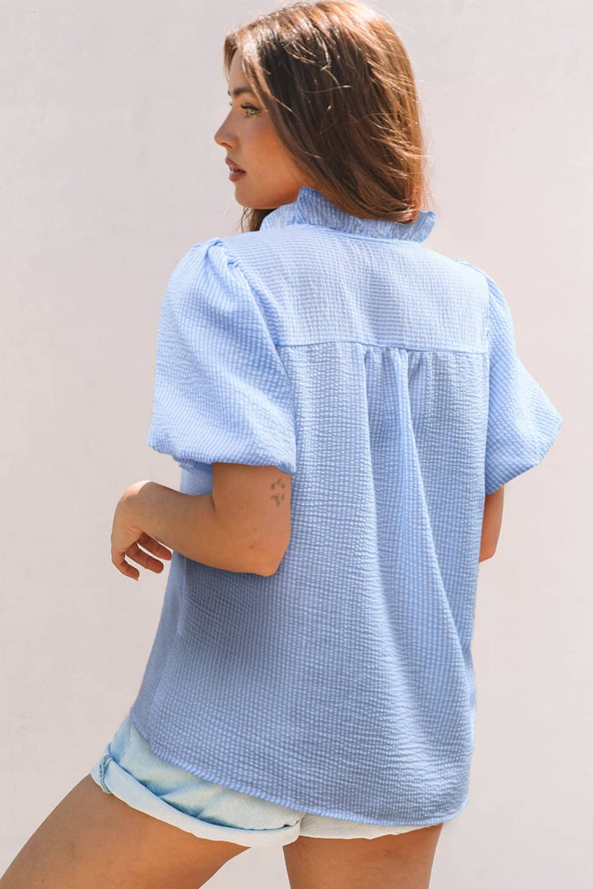 Beau Blue Striped Ruffle Short Bubble Sleeve Shirt