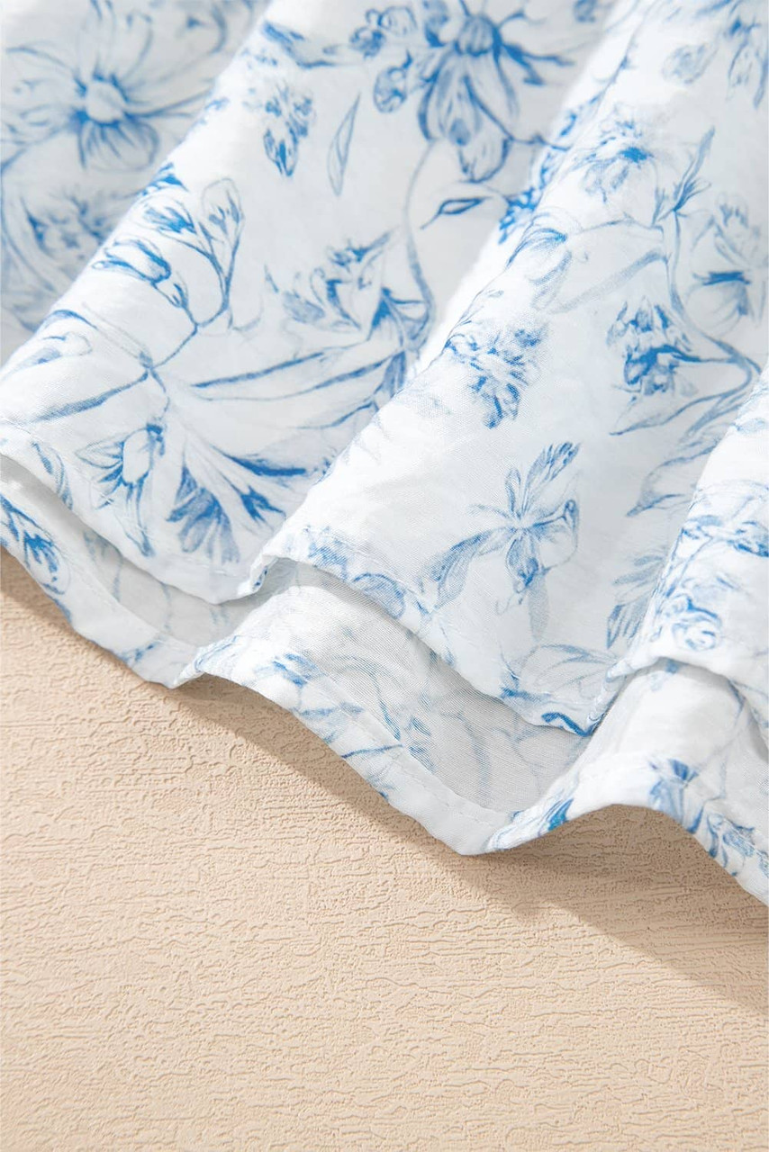 Sky Blue Floral Ruffled Short Sleeve Bow Back Square Neck Blouse