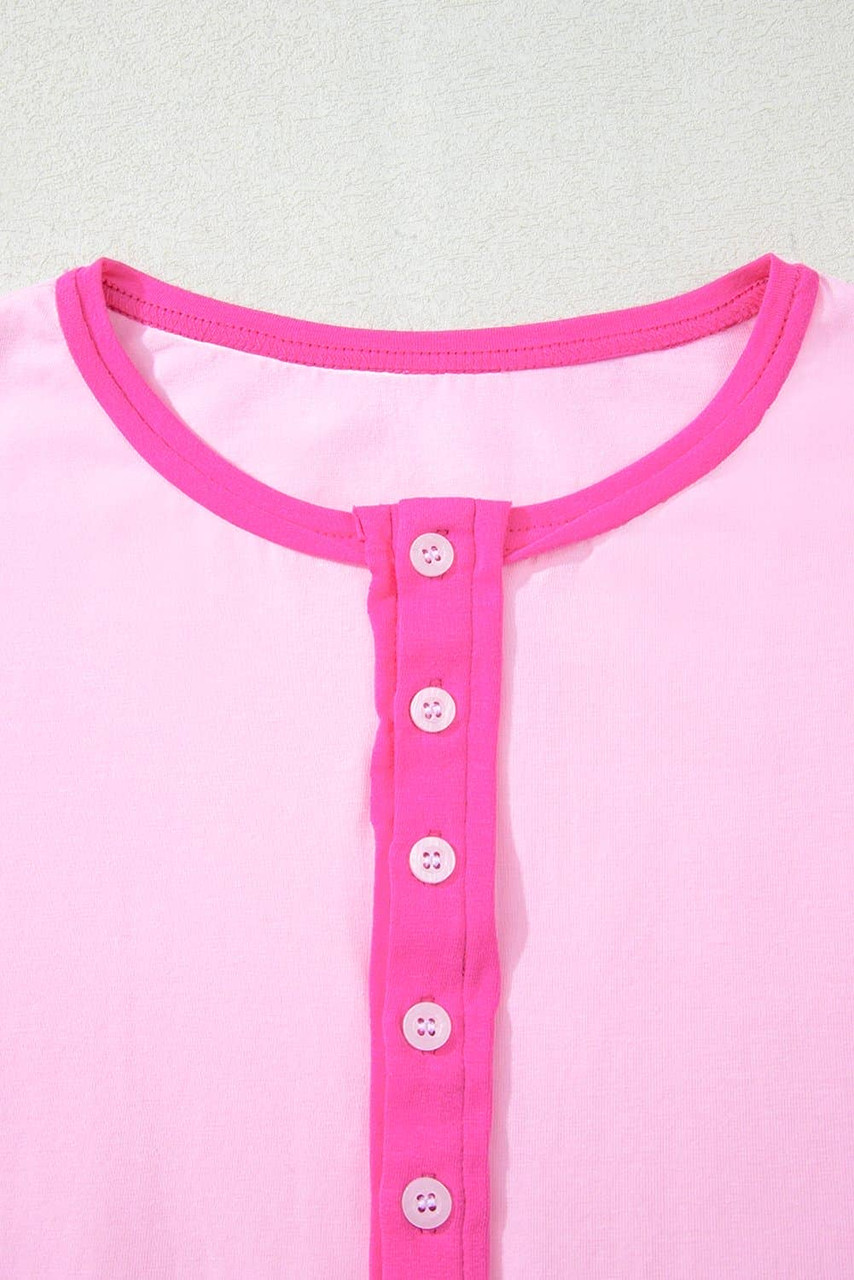 Pink Solid Color Half Sleeve Buttons Henley Top