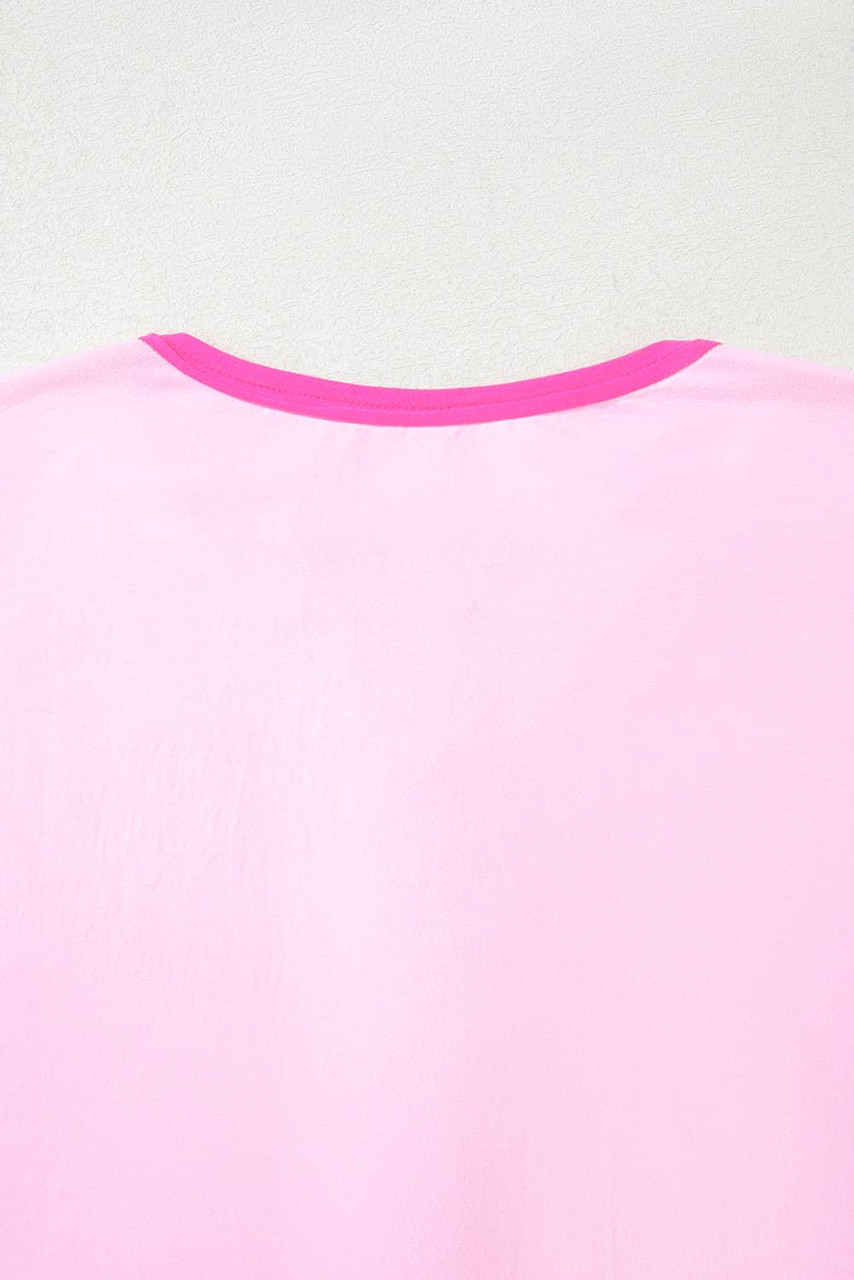 Pink Solid Color Half Sleeve Buttons Henley Top