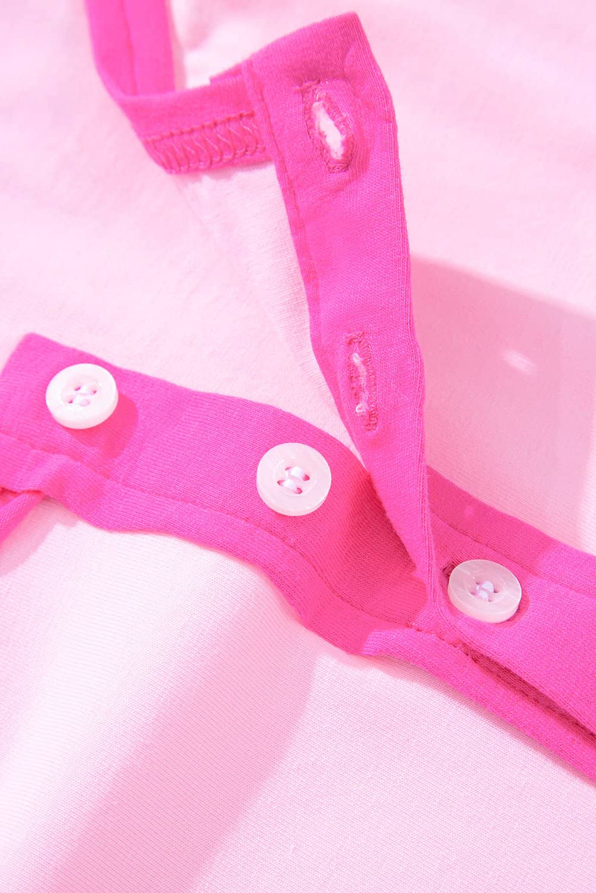 Pink Solid Color Half Sleeve Buttons Henley Top