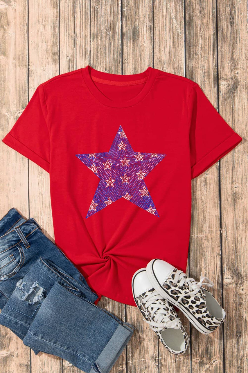 Red Rhinestone Star Pattern Independent Day T Shirt