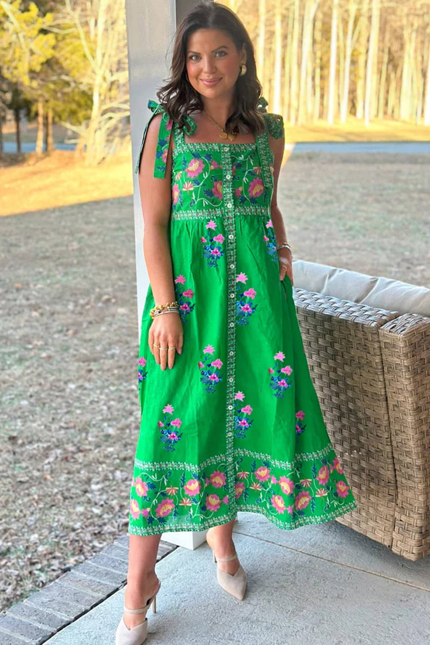 Green Floral Print Contrast Trim Knotted Straps Midi Dress