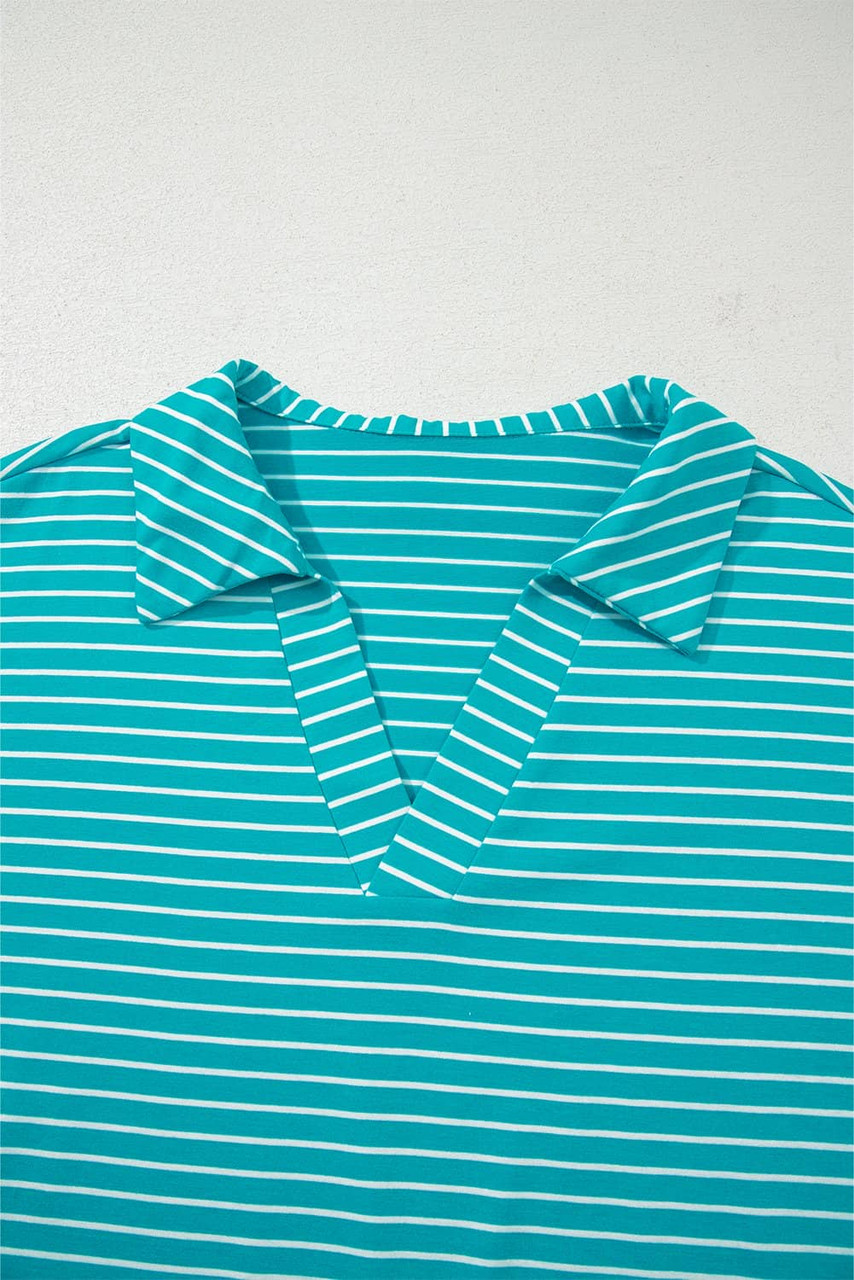 Sky Blue Stripe V Neck Tee and Casual Short Set