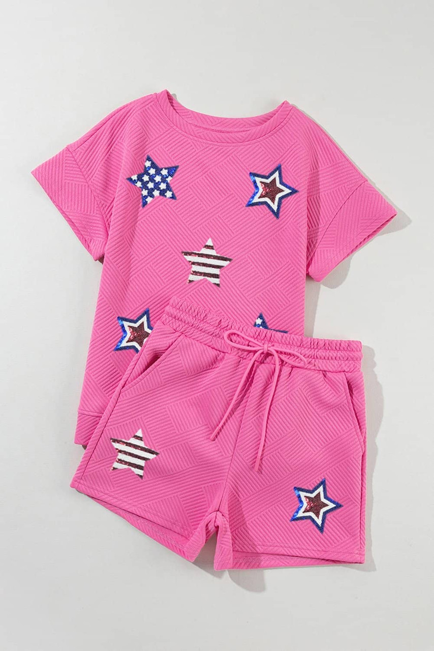 Strawberry Pink Solid Color Textured Sequined American Star Patched Short 2pcs Outfit