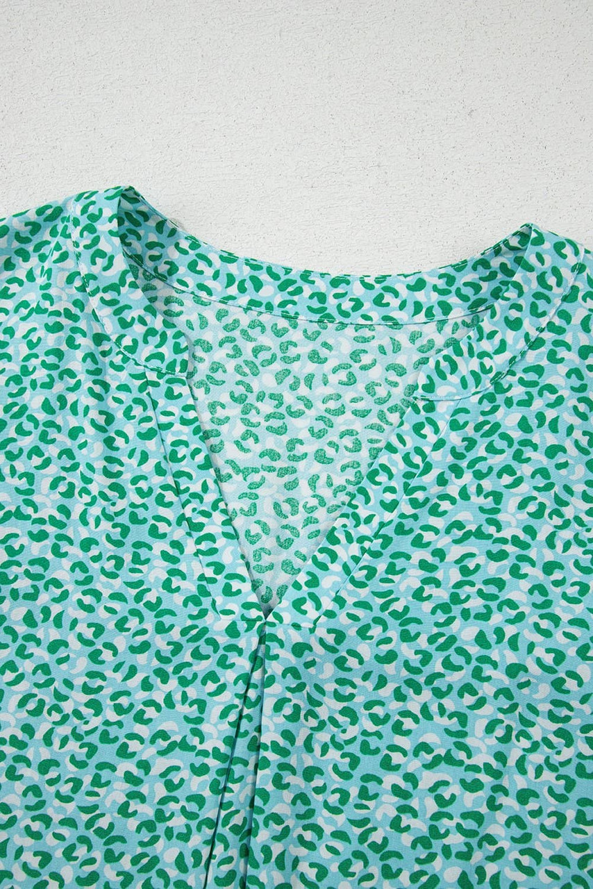 Green Notched V Neck Leopard Ruffle Short Sleeve Blouse Green Notched V Neck Leopard Ruffle Short Sleeve Blouse