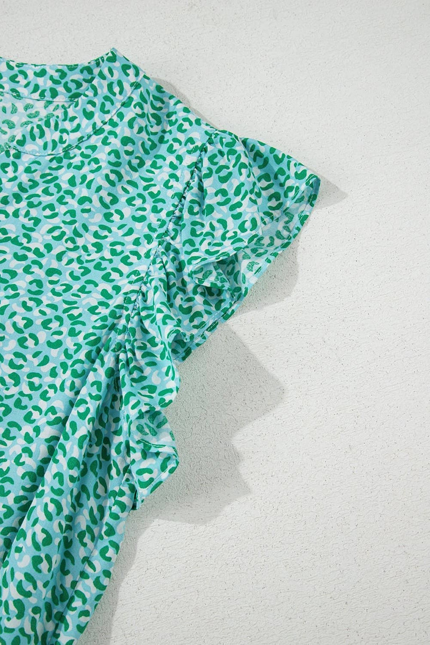 Green Notched V Neck Leopard Ruffle Short Sleeve Blouse Green Notched V Neck Leopard Ruffle Short Sleeve Blouse