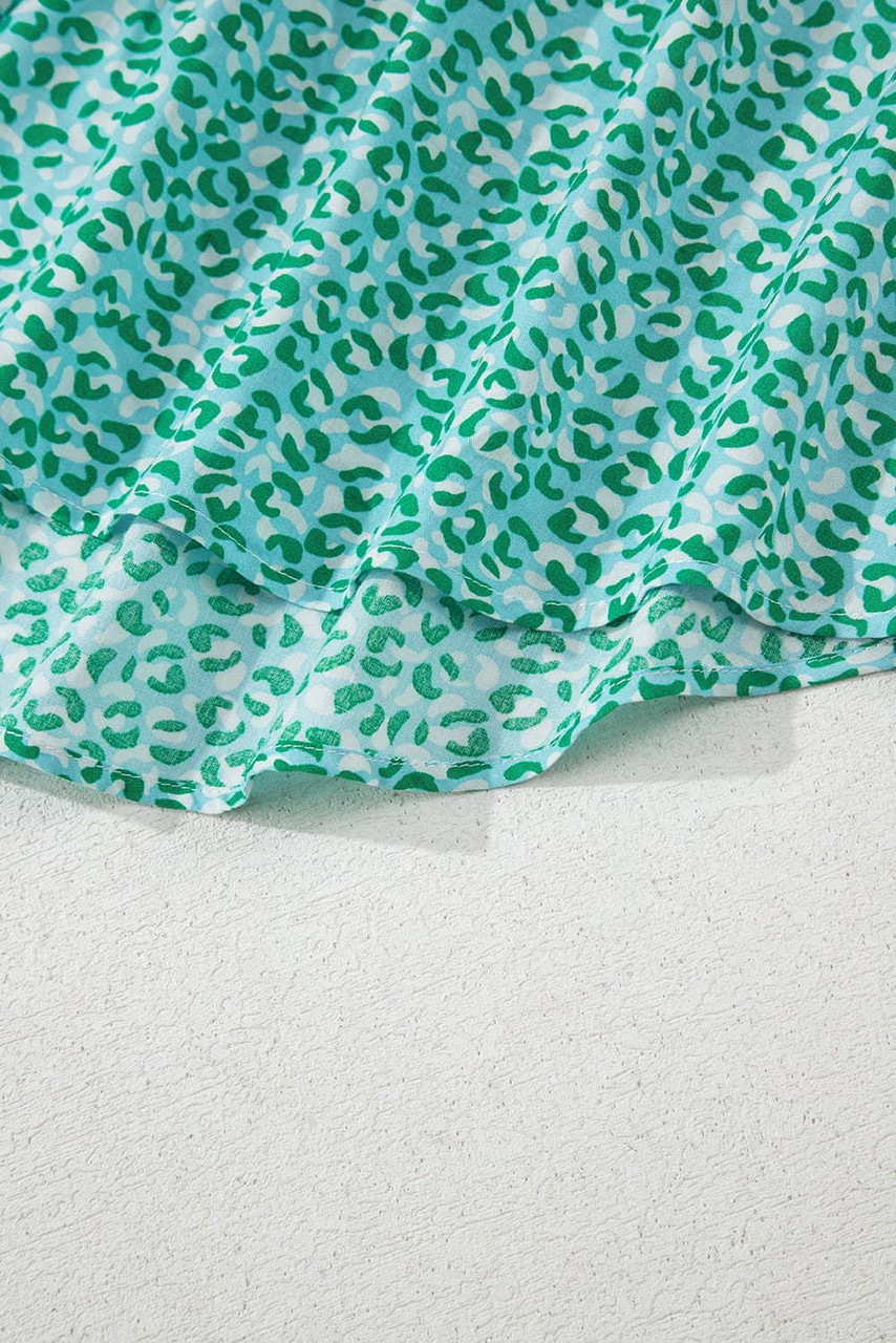 Green Notched V Neck Leopard Ruffle Short Sleeve Blouse Green Notched V Neck Leopard Ruffle Short Sleeve Blouse