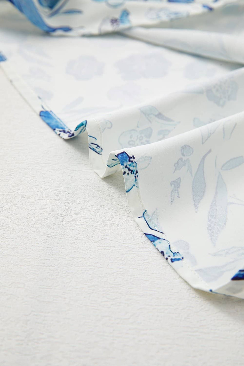 Sky Blue Floral Print Ruffled Short Sleeve Blouse