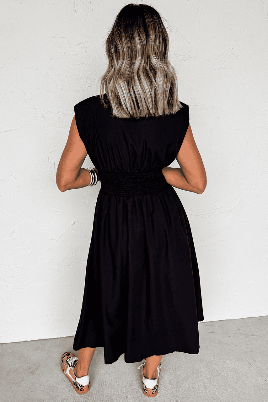 Black Sleeveless Zipped Front V Neck Shirred Waist Maxi Dress