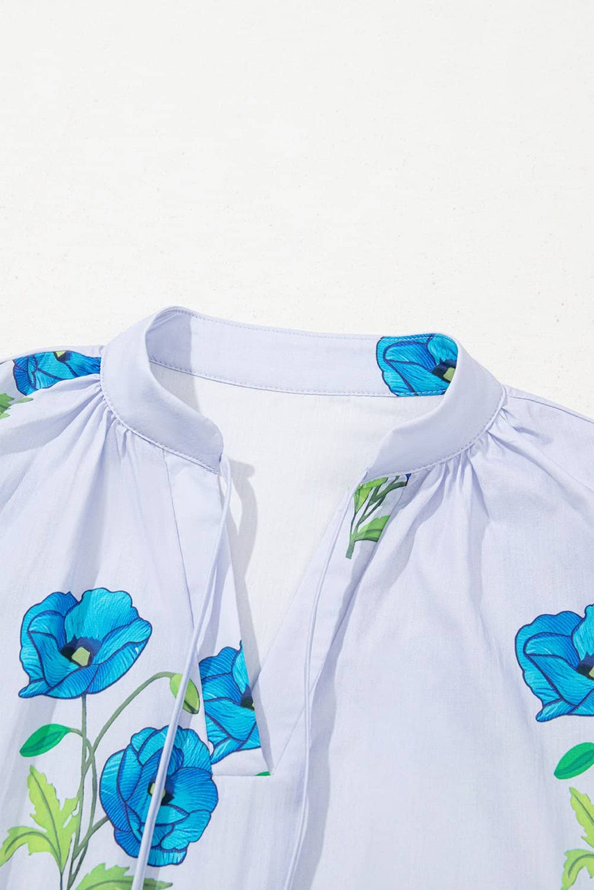 Sky Blue Floral Print Tie Split Neck Short Puff Sleeve Blouse