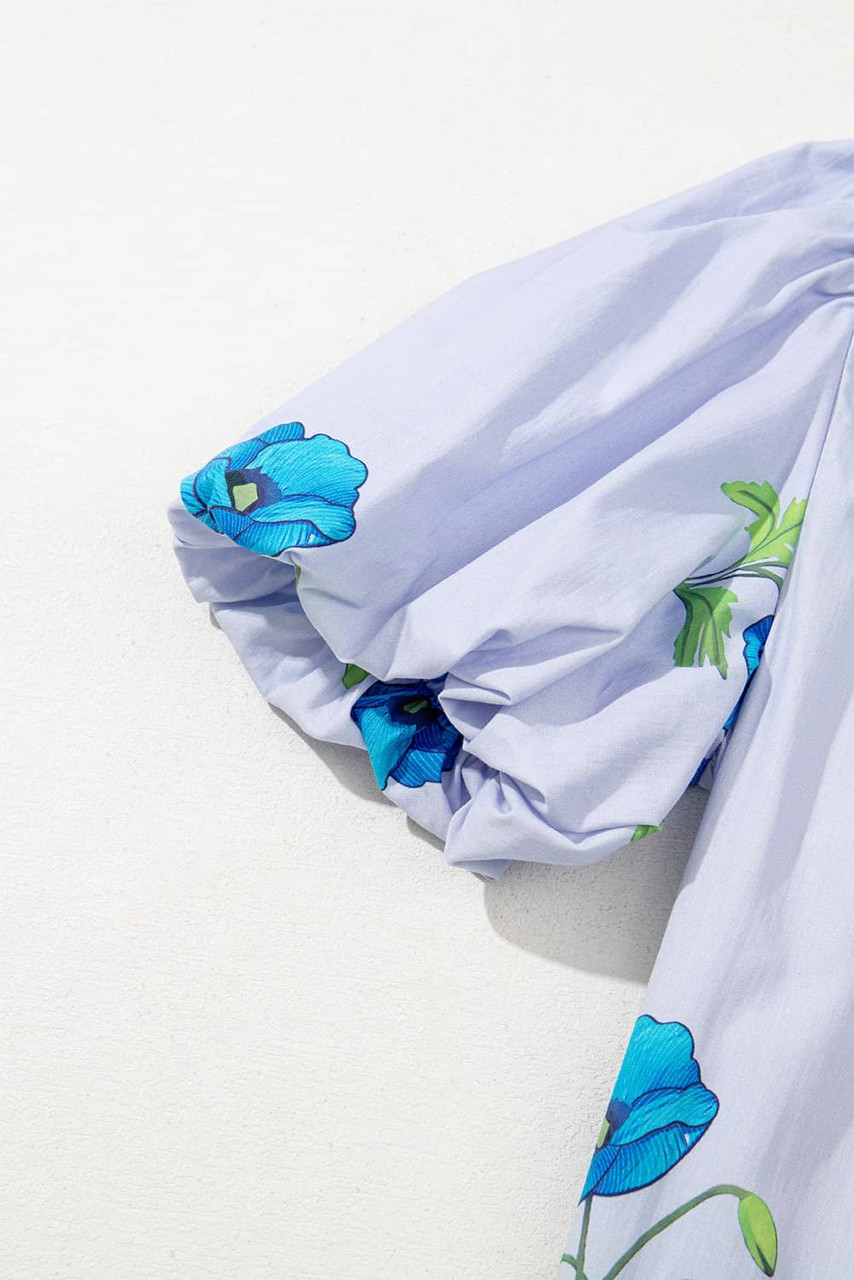 Sky Blue Floral Print Tie Split Neck Short Puff Sleeve Blouse