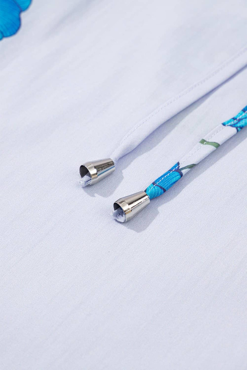 Sky Blue Floral Print Tie Split Neck Short Puff Sleeve Blouse