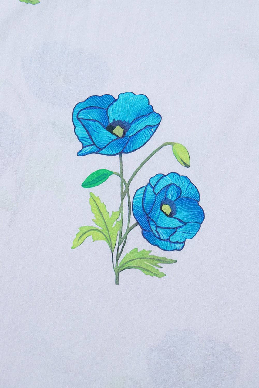 Sky Blue Floral Print Tie Split Neck Short Puff Sleeve Blouse