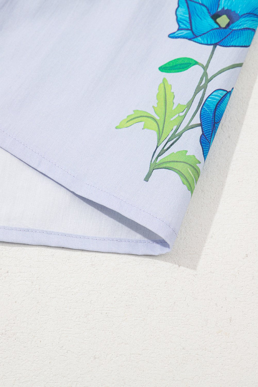 Sky Blue Floral Print Tie Split Neck Short Puff Sleeve Blouse