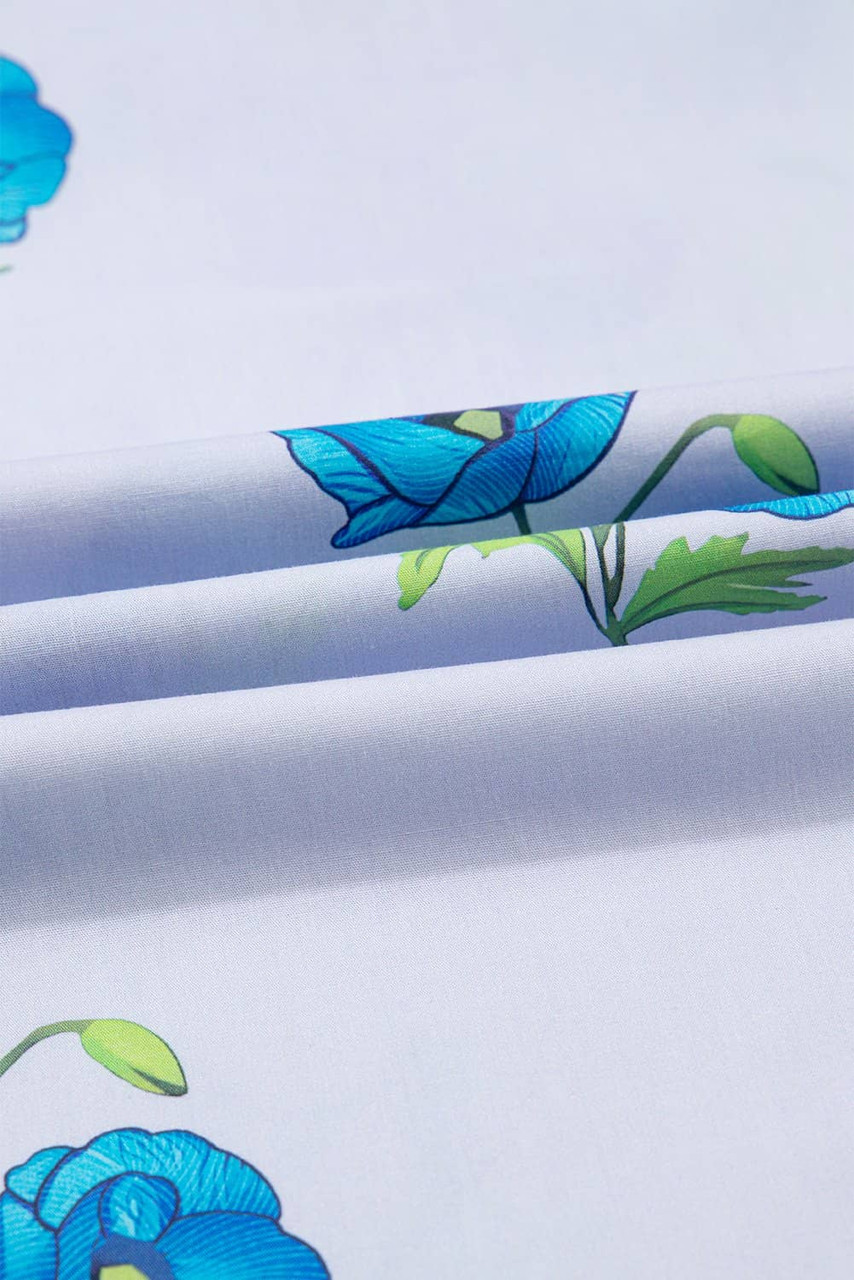 Sky Blue Floral Print Tie Split Neck Short Puff Sleeve Blouse