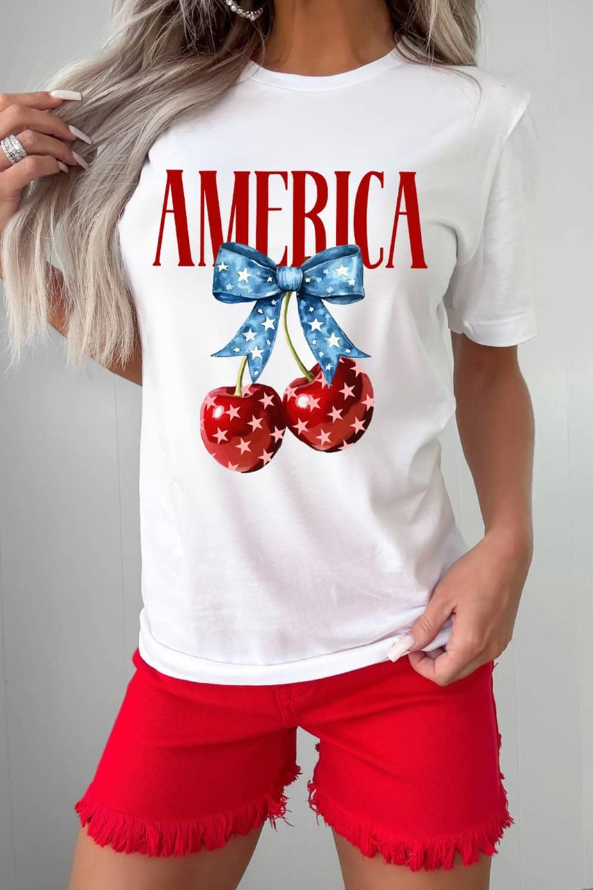 White AMERICA Bow Cherry Print Crewneck T Shirt