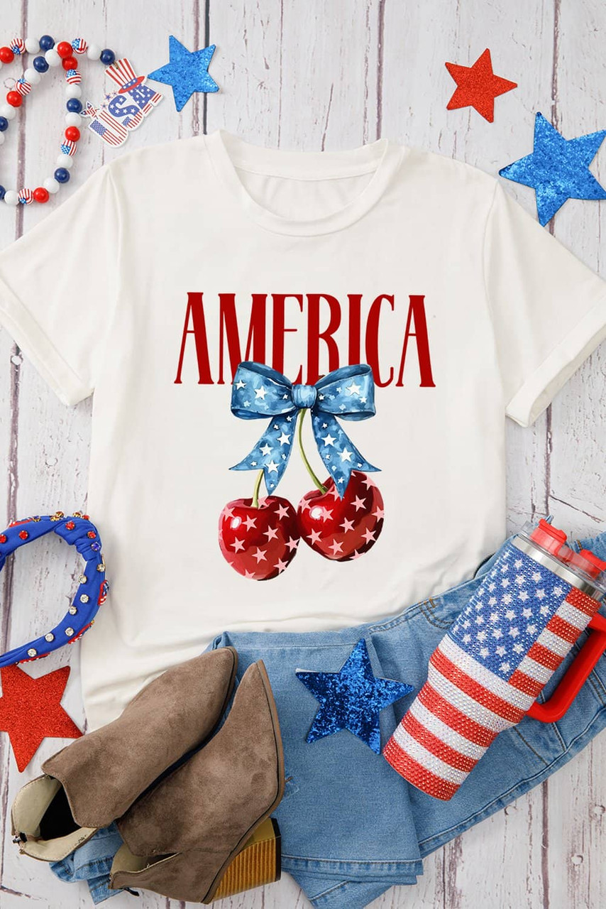 White AMERICA Bow Cherry Print Crewneck T Shirt