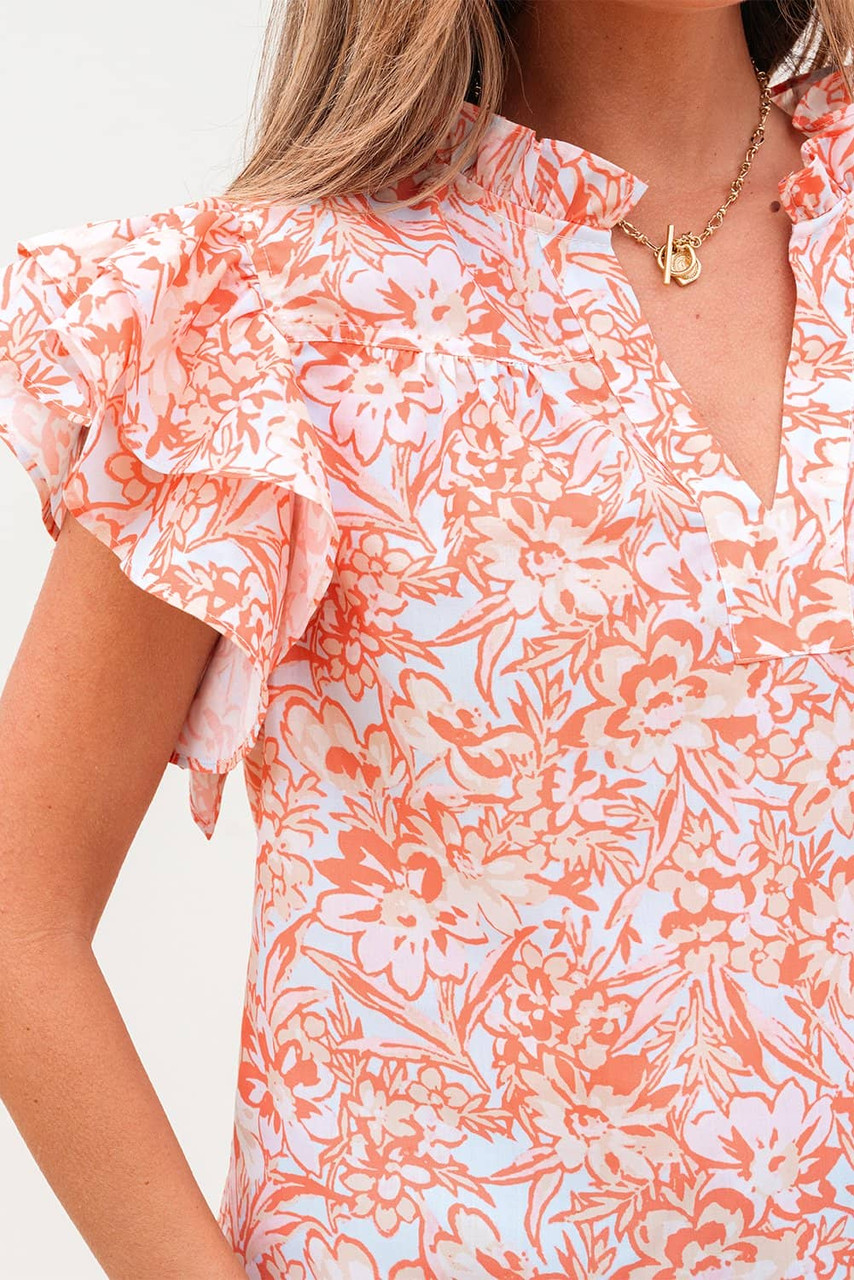 Orange Floral Ruffle Sleeve Split Neck Blouse
