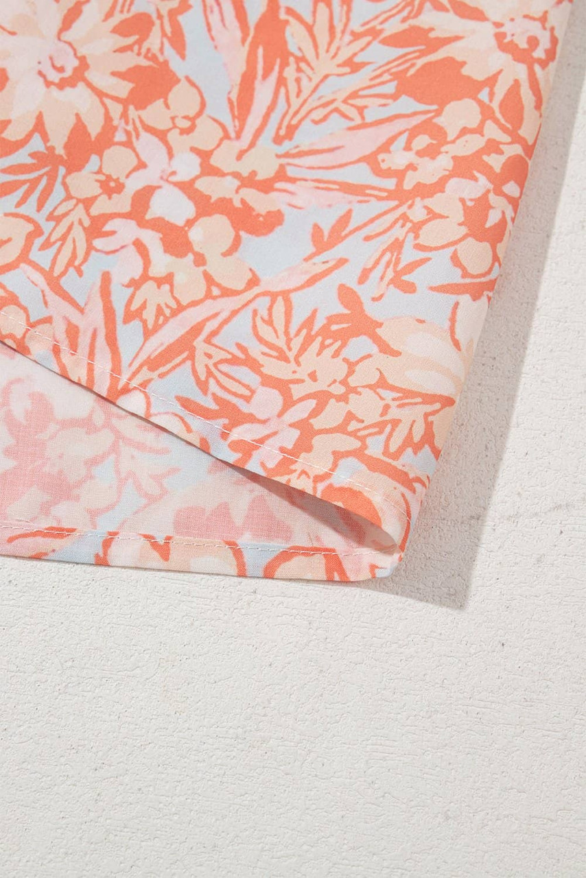 Orange Floral Ruffle Sleeve Split Neck Blouse