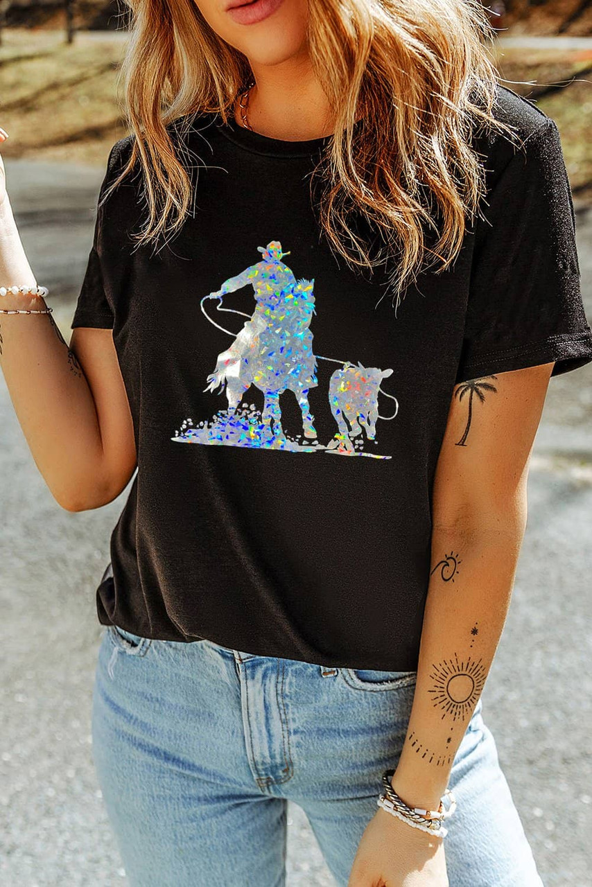 Black Laser Western Cowboy Graphic Crewneck Tee Black Laser Western Cowboy Graphic Crewneck Tee