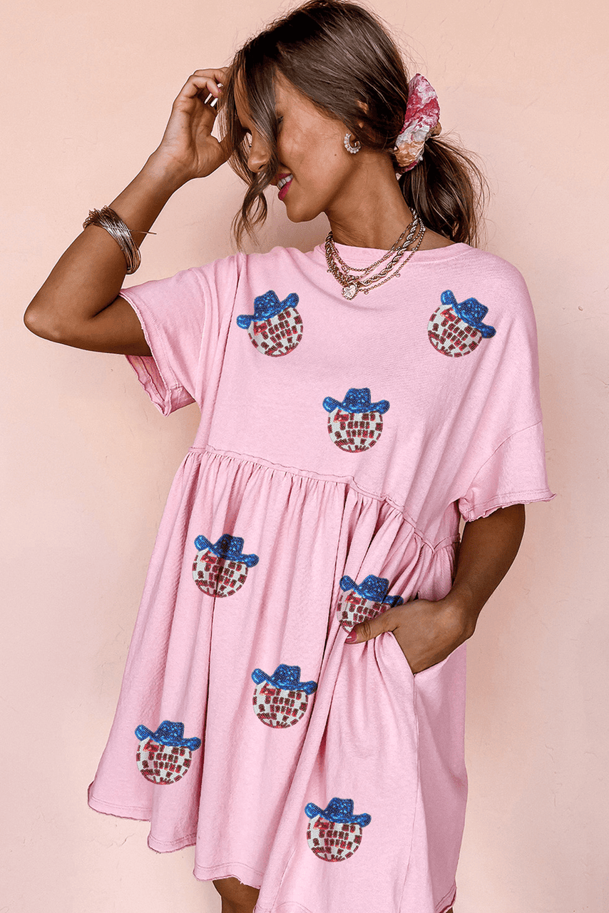 Light Pink American Flag Inspired Sequin Disco Ball Patched Shift Mini Dress