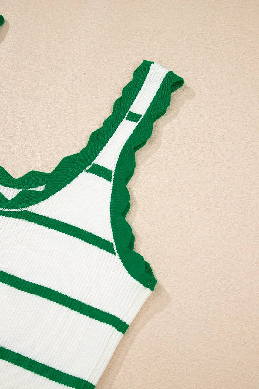 Bright Green Striped Scalloped Edge U Neck Sleeveless Sweater Vest