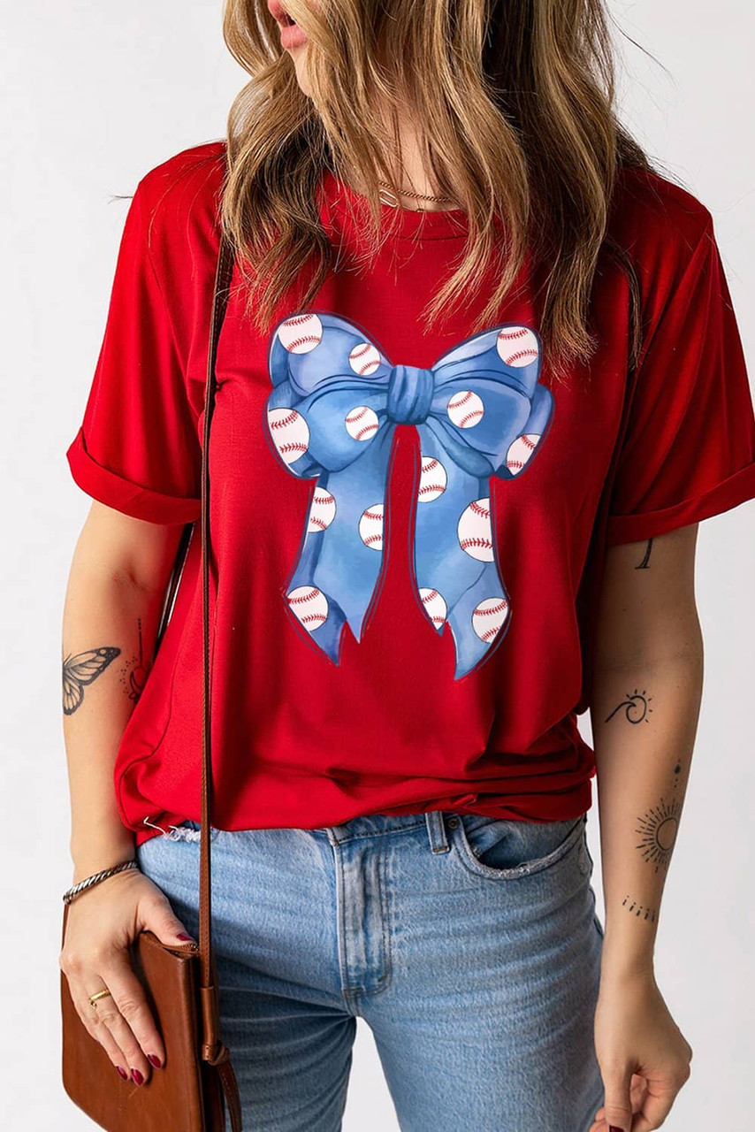 Red Rugby Bowknot Graphic Crew Neck Tee