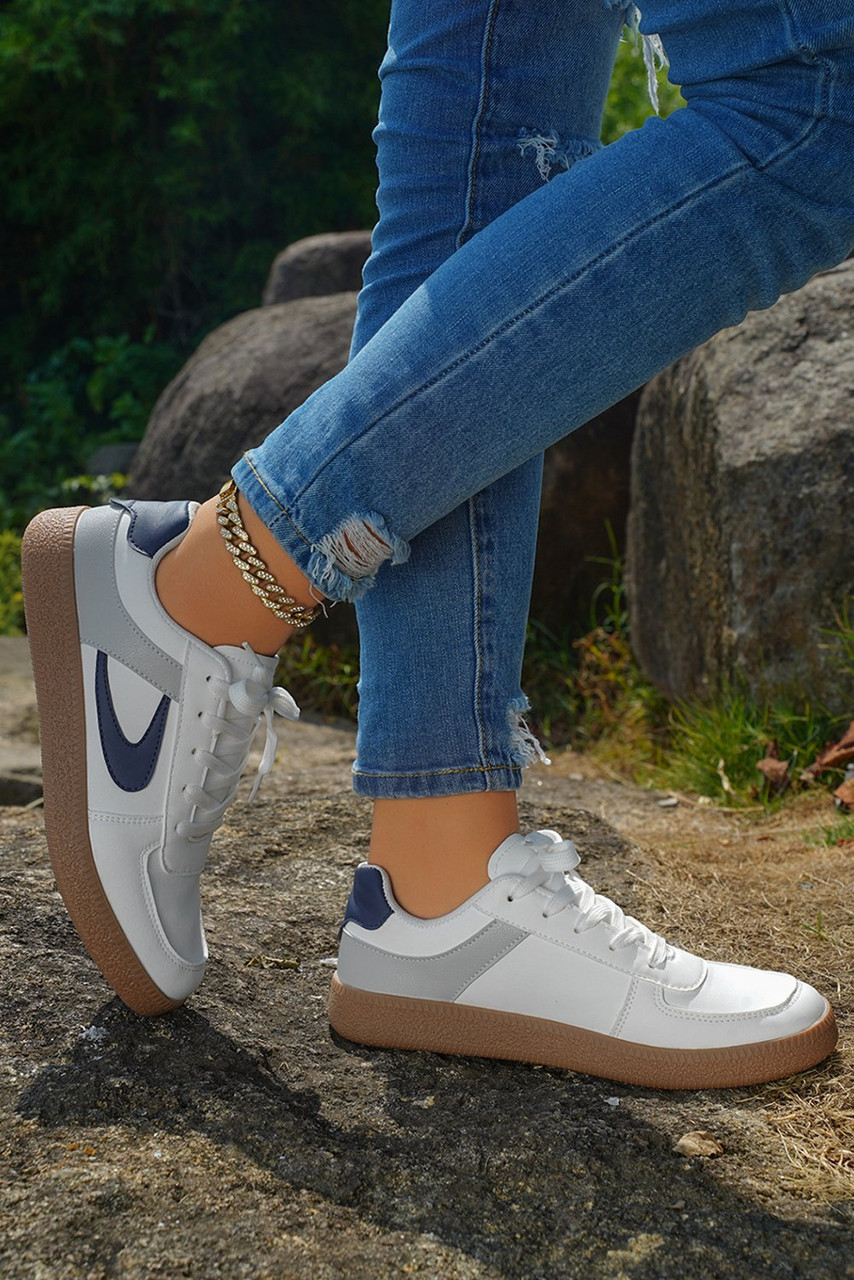 Navy Blue Color Contrast PU Leather Lace-up Sneakers