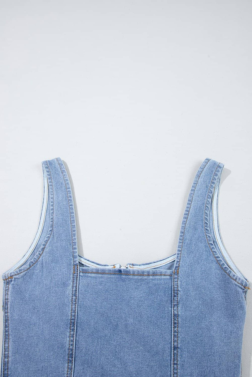 Beau Blue Seamed Zipper Square Neck Sleeveless Denim Mini Dress