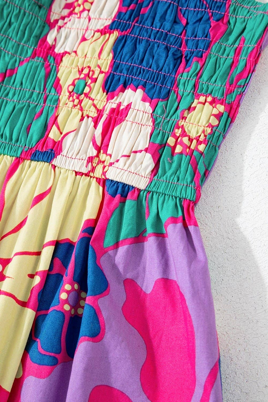 Purple Floral Print Shirred Spaghetti Strap Loose Maxi Dress