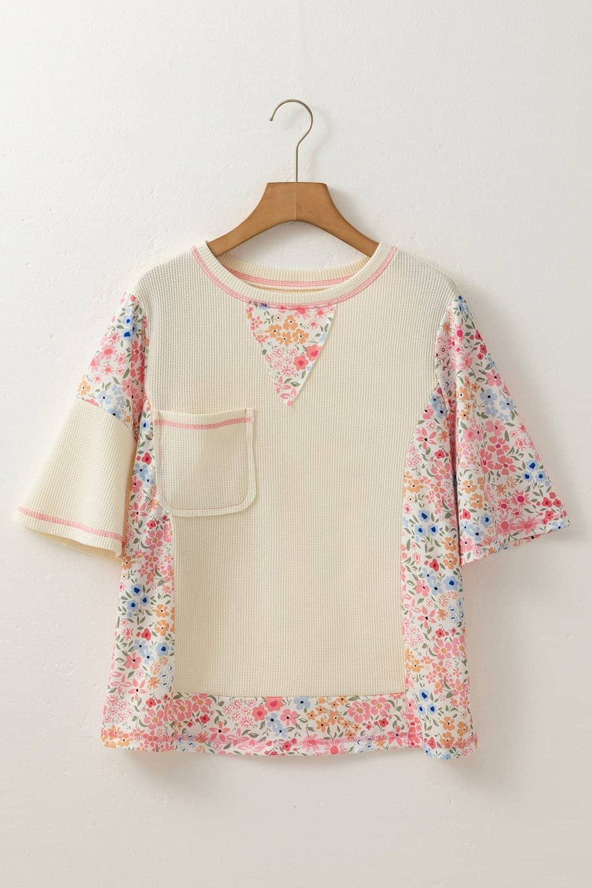 Beige Floral Patchwork Chest Pocket Wide Sleeve Waffle T Shirt Beige Floral Patchwork Chest Pocket Wide Sleeve Waffle T Shirt