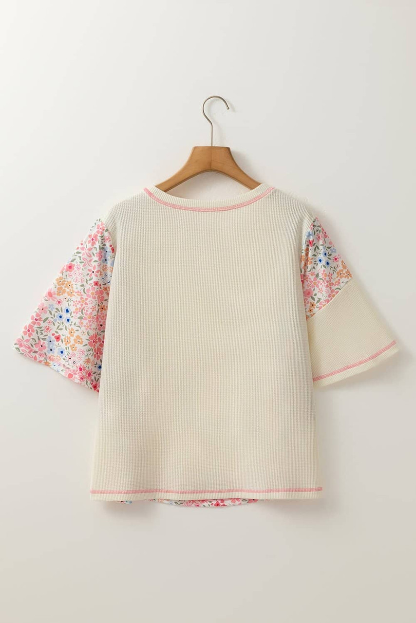 Beige Floral Patchwork Chest Pocket Wide Sleeve Waffle T Shirt Beige Floral Patchwork Chest Pocket Wide Sleeve Waffle T Shirt