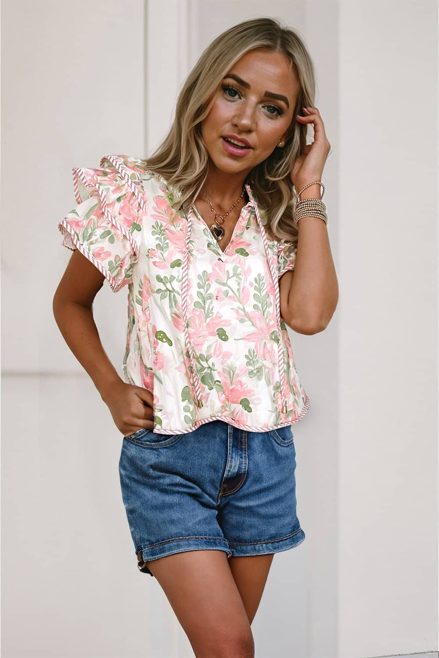 Pink Floral Print Striped Contrast Tiered Ruffled Sleeve V Neck Blouse