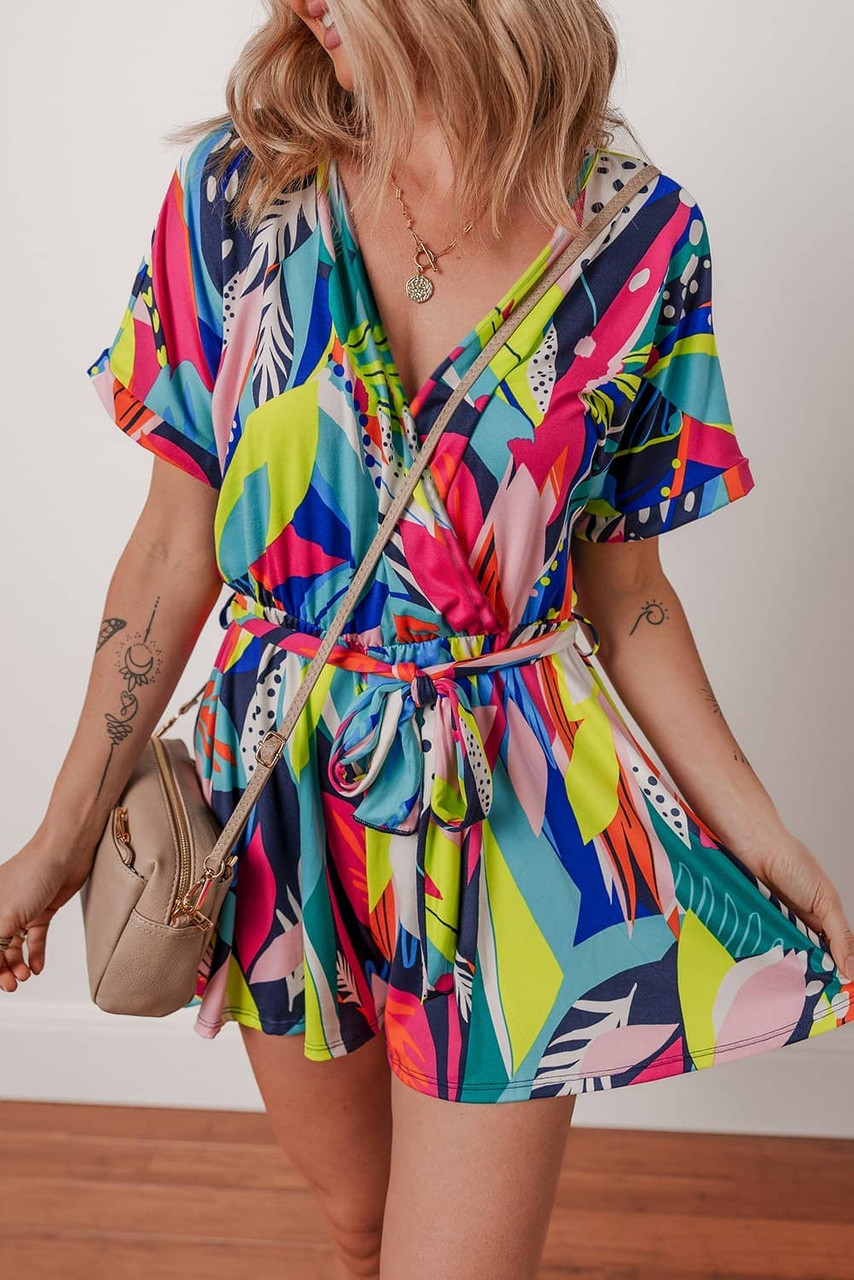 Multicolour Tropical Printed Surplice Neck Tie Waist Romper