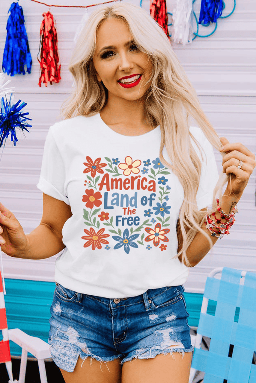 White America Land of The Free Flower Graphic Crewneck T Shirt