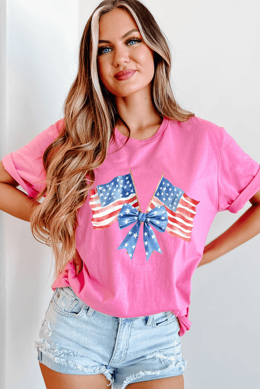 Sachet Pink Dual American Flag Bow Printed Casual T Shirt Sachet Pink Dual American Flag Bow Printed Casual T Shirt