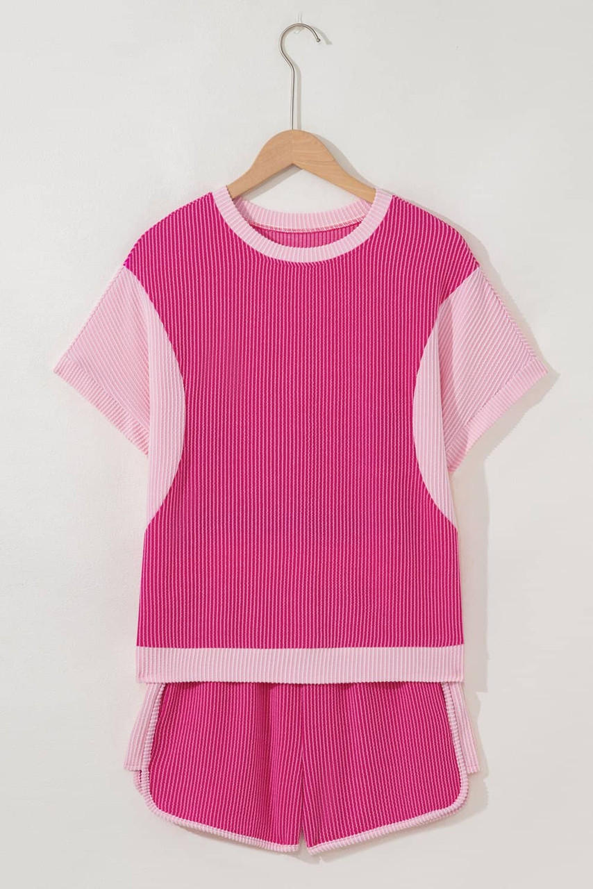 Rose Red 3D Spiral Ribbed Texture 2 Tones Patchwork Short Set