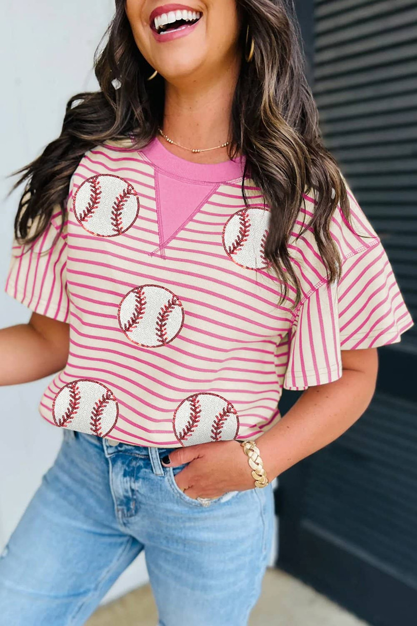 Sachet Pink Sequin Baseball Pattern Striped Ruffle Sleeve Round Neck Knit Top Sachet Pink Sequin Baseball Pattern Striped Ruffle Sleeve Round Neck Knit Top