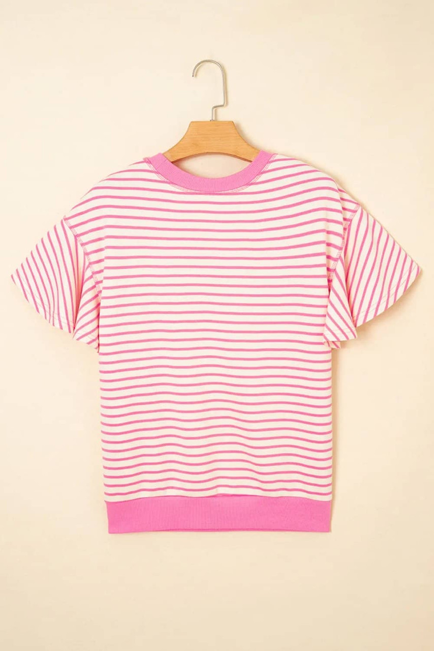 Sachet Pink Sequin Baseball Pattern Striped Ruffle Sleeve Round Neck Knit Top Sachet Pink Sequin Baseball Pattern Striped Ruffle Sleeve Round Neck Knit Top