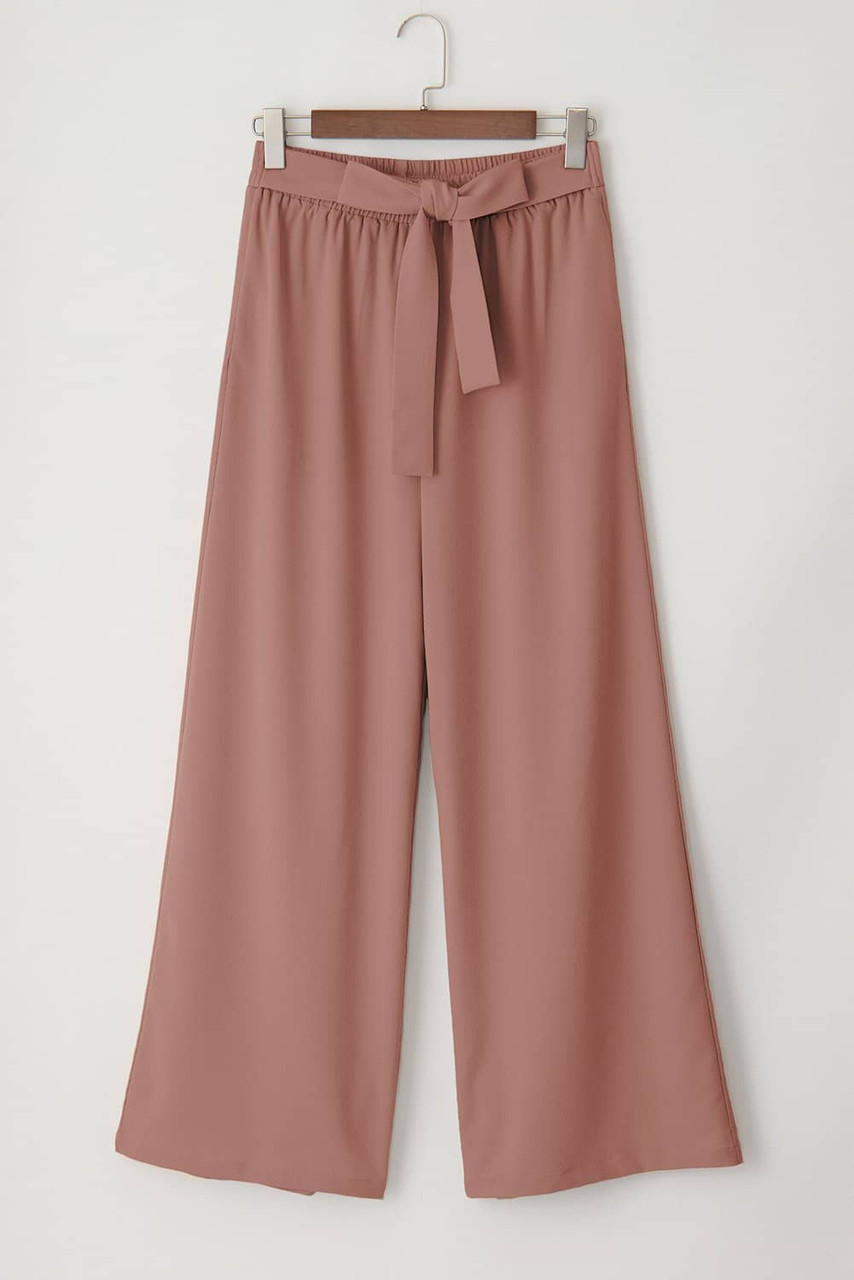 Coffee High Waisted Tie Front Side Pocket Wide Leg Flowy Casual Pants