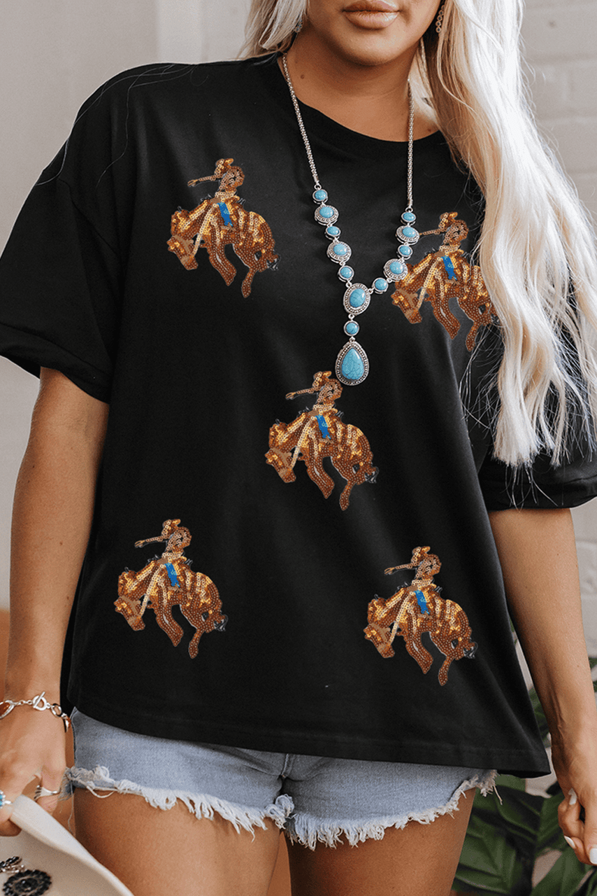 Black Western Horse Patched Crew Neck Graphic T Shirt