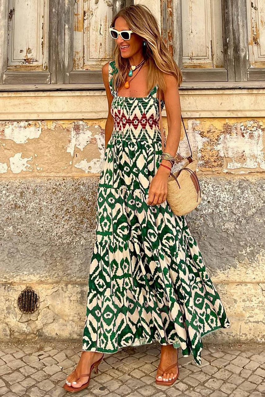 Green Western Aztec Shirred A-line Sleeveless Maxi Dress