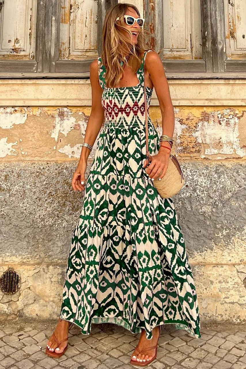 Green Western Aztec Shirred A-line Sleeveless Maxi Dress