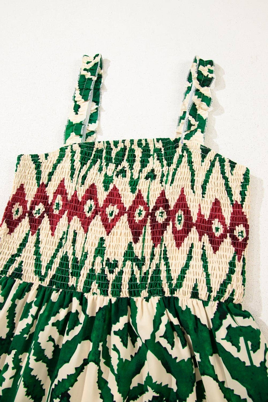 Green Western Aztec Shirred A-line Sleeveless Maxi Dress