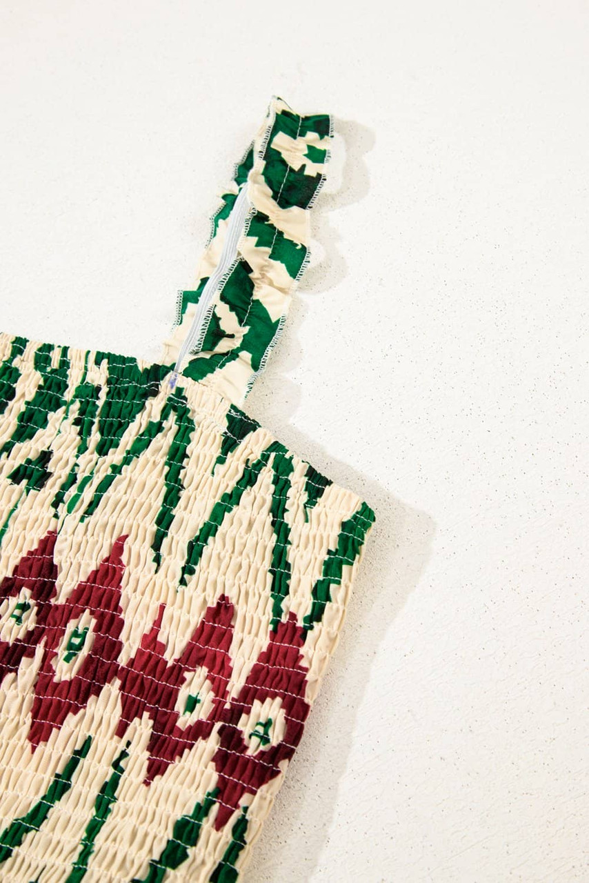 Green Western Aztec Shirred A-line Sleeveless Maxi Dress